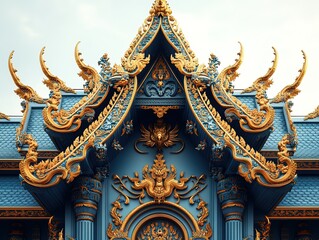 Fototapeta premium Ornate Thai Temple Roof Architecture, Blue And Gold Intricate Carvings, Traditional Buddhist Shrine Design, Cultural Heritage Structure, Exquisite Religious Building Decor