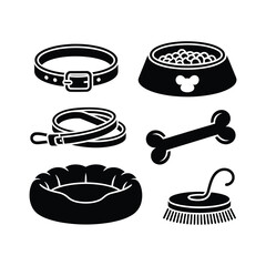 Collection of essential dog accessories in silhouette