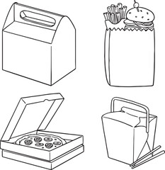 A black and white line art vector illustration of a variety of takeaway food containers. The set includes a take-out box with a handle, a paper bag with a burger and fries, an open pizza box.