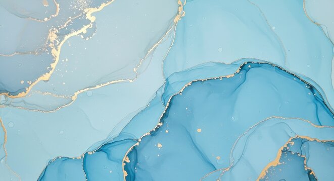 Abstract blue watercolor or alcohol ink artwork with gold veining and pastel marble-like texture.
