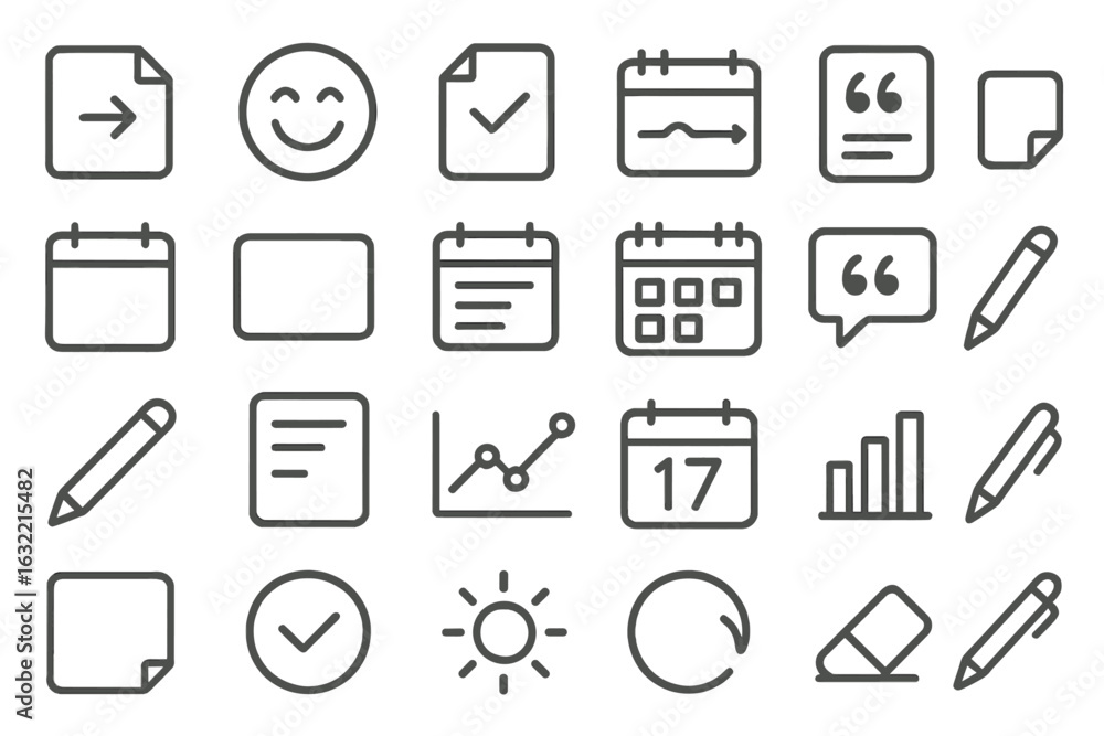 Poster icons representing productivity tools for planning, organizing, and tracking tasks in a simple linea
