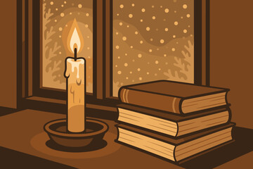 Cozy winter evening with candlelight and books by the window during snowfall