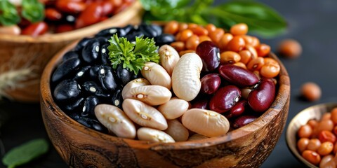 Variety of colorful beans arranged in wooden bowl with fresh herbs