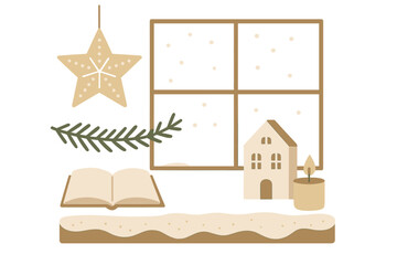 Decorative winter window display with star, green branch, house, book, and snowflakes in a cozy indoor setting