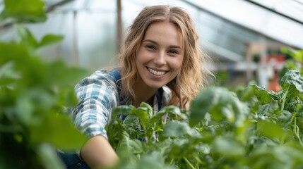 Caucasian young woman smiling in greenhouse surrounded by lush green plants. National Allotments Week
