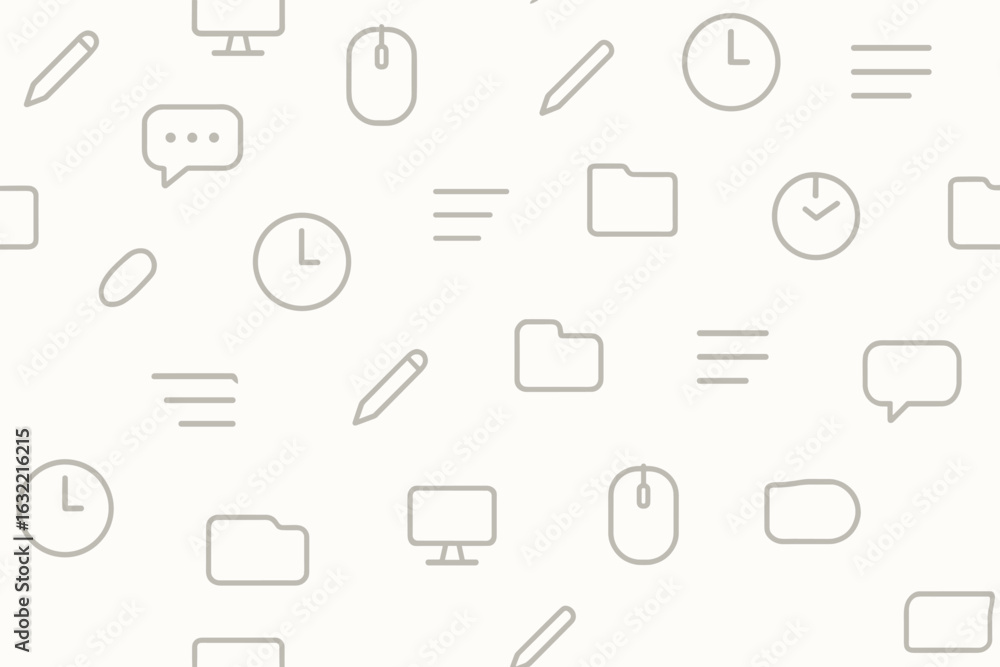 Poster background pattern featuring various office icons like clocks, folders, and digital devices in a min