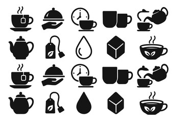 Collection of simple black and white icons representing tea and coffee preparation and serving activities