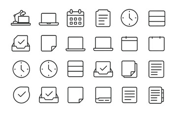 Collection of minimalistic office icons representing work tools, productivity, and organization elements in black and white design