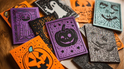 Colorful Halloween-themed cards featuring playful designs of pumpkins and ghosts, perfect for seasonal decorations and crafts.