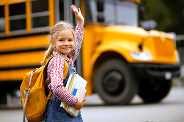 A young girl in a yellow plaid shirt with a blue backpack is waving goodbye while holding books in front of a yellow school bus entrance.
