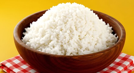 Close up of a wooden bowl filled with white cooked rice on a red checkered cloth image