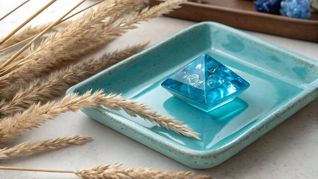 A serene blue orgone pyramid rests on a ceramic tray, surrounded by dried wheat grass, creating a peaceful and spiritual ambiance