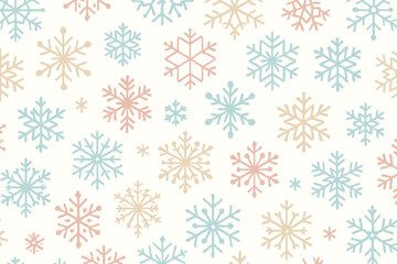 Colorful snowflakes in pastel shades on a light background create a winter wonderland pattern suitable for various decorative purposes