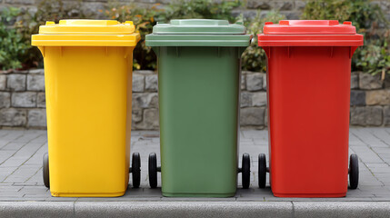 Colorful trash bins on a city street, promoting waste segregation and environmental awareness in urban settings.