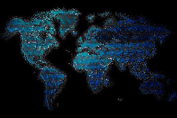 Blue world map on black background
