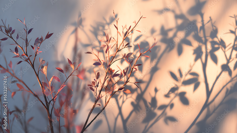 Aufkleber delicate shadows of leaves and branches casting on a soft background, creating a serene and tranquil