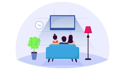 Mom Dad and Kids Sitting together at couch watching tv animation, Weekend Entertainment on Home Cinema Experience animated video, Love romance Clip, Valentine Day footage, human relationship motion