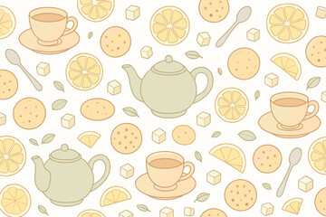 Cute pattern featuring teapots, cups, lemon slices, cookies, and sugar cubes on a light background