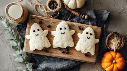 Delicious ghost-shaped cookies decorated for Halloween, perfect for festive gatherings and celebrations.