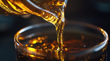 A stunning close-up of crude oil being poured into a glass bottle, showcasing its thick, dark texture in ultra HD quality.