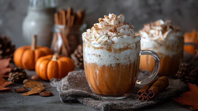 Delicious pumpkin spice latte topped with whipped cream and cinnamon, perfect for cozy fall days and festive gatherings. - Powered by Adobe