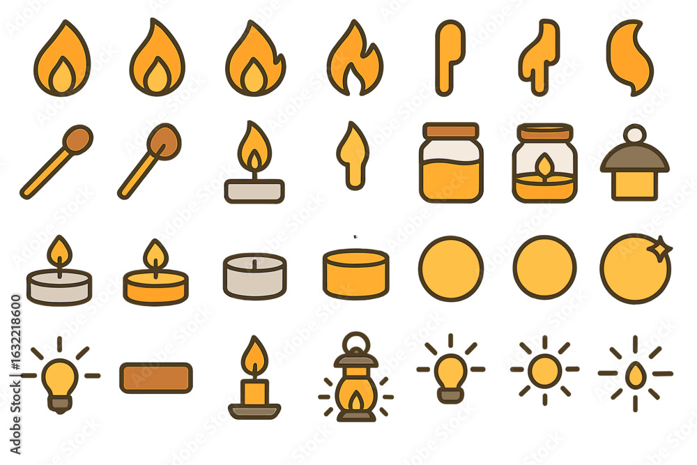 Poster Collection of various flame and light icons in a simple design suitable for creative projects and themes