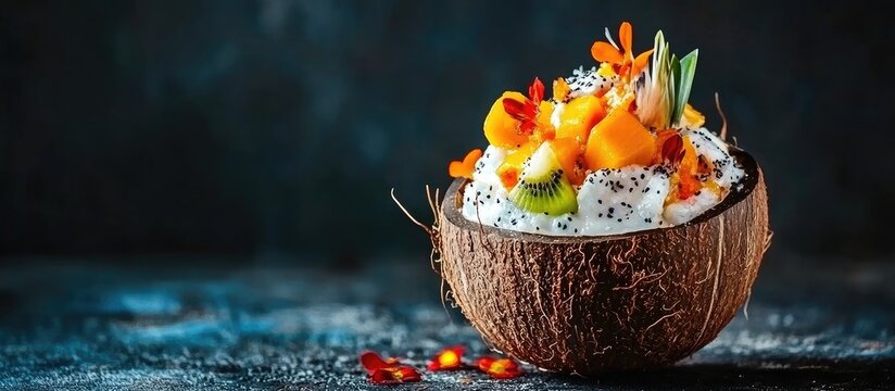 Fresh fruit bowl in a coconut shell