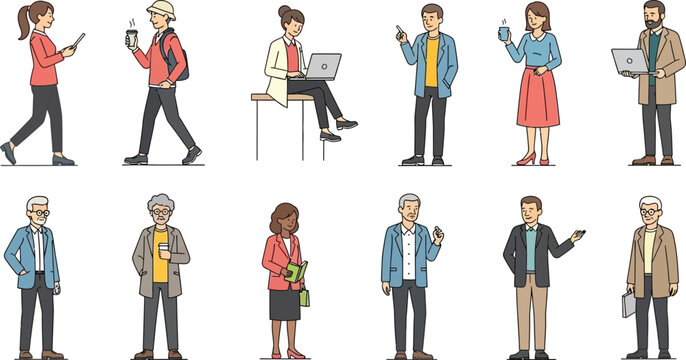 Diverse group of people in various poses and activities with laptops coffee and work related items