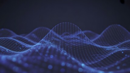 Abstract blue wavy grid surface with glowing particles and light