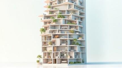 Modern Multi-story Building with Curved Balconies and Greenery in Urban Setting