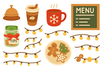 Decorative holiday cafe elements featuring drinks, cookies, and festive decor in a cozy atmosphere