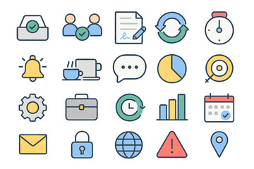 Collection of modern icons representing productivity, communication, and organization tools for professional environments
