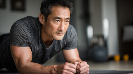 Fit Asian man exercising in plank position indoors with focus