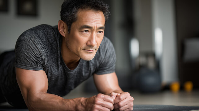 Fit Asian man exercising in plank position indoors with focus
