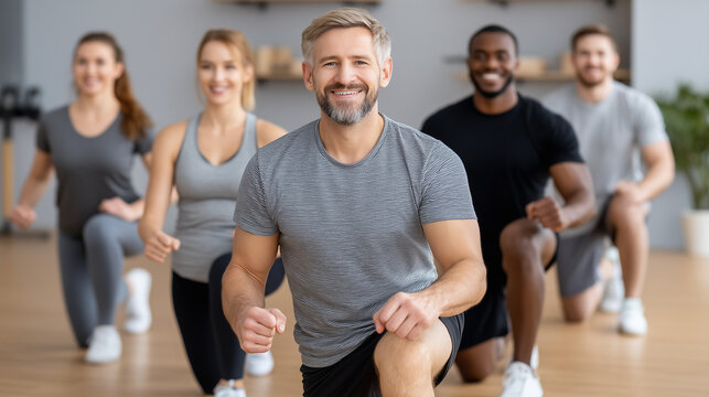 Group of diverse people doing lunges during workout in gym  