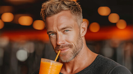 Fit Caucasian man smiling while drinking smoothie in gym setting