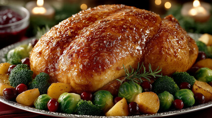 Fatty foods Juicy roasted turkey with vegetables on a festive holiday table  