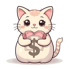 Adorable Cartoon Cat Holding a Money Bag Wealthy Kitty Illustration