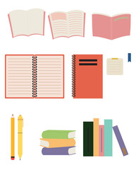 Books, notes, pencil and pen vector illustration set. School supplies. Back to school theme.  