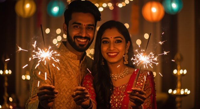 Couple celebrating festival with sparklers at home in evening