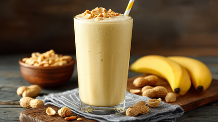 Peanut butter banana smoothie in glass with nuts and bananas  
