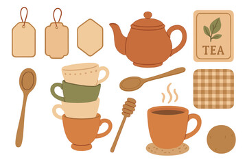 Warm tea elements arranged with cups, teapot, and honey on a rustic background for a cozy afternoon setting