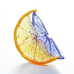 A vibrant slice of citrus, split in two,  one side a translucent yellow, the other a translucent blue.  Water droplets add texture.  Isolated against white