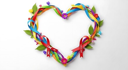 Fototapeta premium Heart shape made of colorful ribbons with flowers and green leaves on a white background