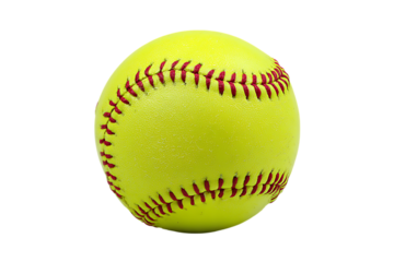 Yellow softball with red stitching, isolated on black background.