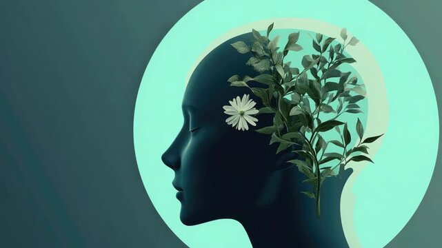Meditative  featuring a silhouette of a person with their eyes closed, surrounded by nature and plants. A representation of mindfulness and the connection between humans and the natural world.