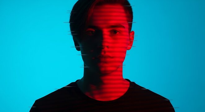 Man s face lit by red light against blue background