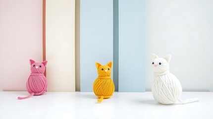 Three adorable yarn cat sculptures in a modern minimalist studio setting