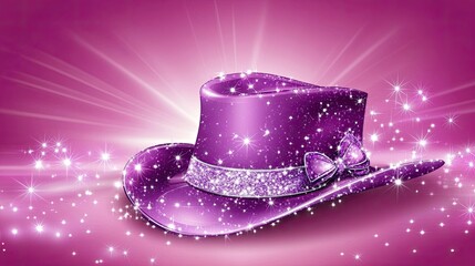 Enchanting Purple Top Hat with Glitter Bow and Starbursts on Radiant Pink Background, Digital Art Illustration