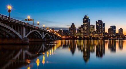 City skyline reflected in water at dusk with bridge